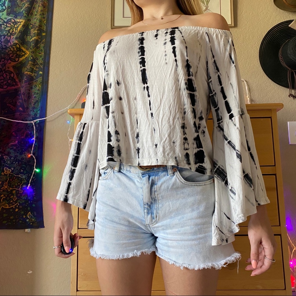 Off-shoulder black + white tie-dyed blouse